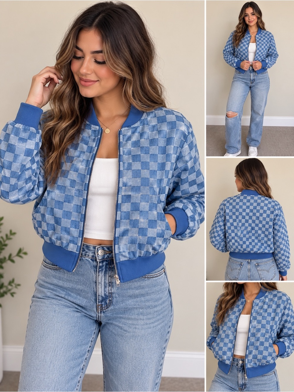 Blue Checkered Bomber Jacket